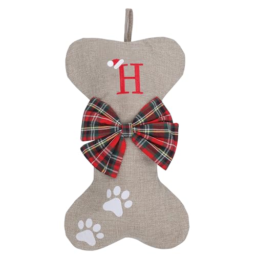 AUAWMLK Personalized 15in Letter Christmas Stocking Linen Style Bone Shaped Xmas Decorations for Pet Dogs(Letter H)