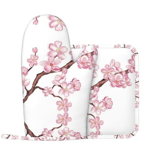 Guantes De Horno De Silicona Con Flor De Cerezo Y Alfombrilla De Olla, Guantes De Horno Para Asar A La Parrilla, Cocinar Y Hornear
