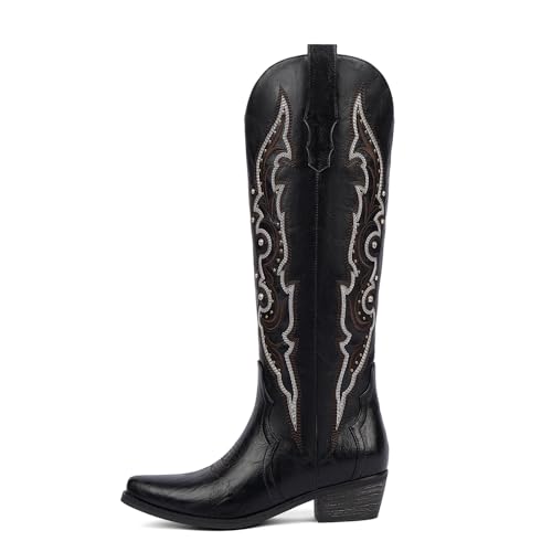 QIY Black Cowboy Cowgirl Boots for Women Knee High Cowgirl Rhinestone Sparkly Western Embroidered Tall Cowboy Boots Womens with Chunky Low Heel Pointed Almond Toe Side Zipper Black Size 6.5