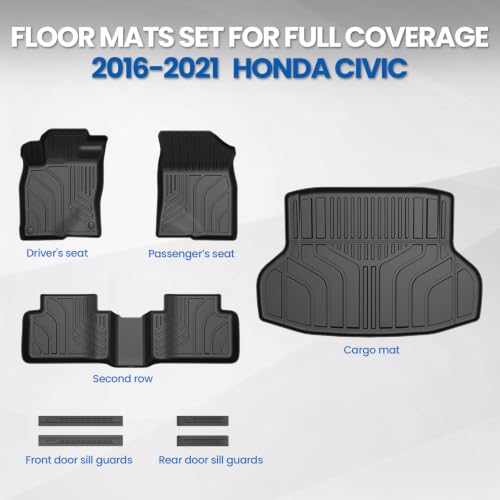 Image of Floor Mats for Honda Civic Sedan 2016-2021, with Cargo Mat | Full Protection Mat Set with Cargo Liner, All Weather TPE, Non Slip & Odorless & Scratch Proof, 10th Gen Civic Accessories