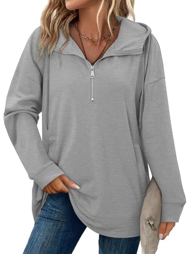 onlypuff Women Hoodie Pullover Trendy Quarter Zipper Lapel Sweatshirts Drawstring Cute Hooded Tunic Tops with Side Pockets