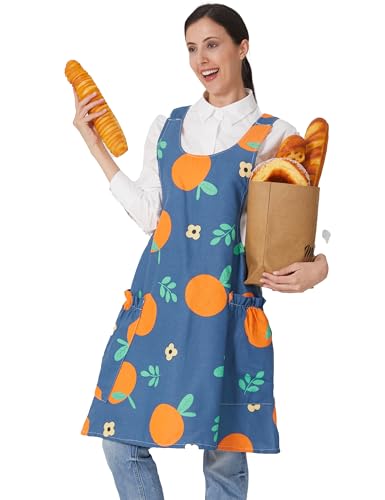 Image of Cozy Adjustable Cross Back Aprons for Women with Pockets Cotton Linen Cooking Kitchen Baking