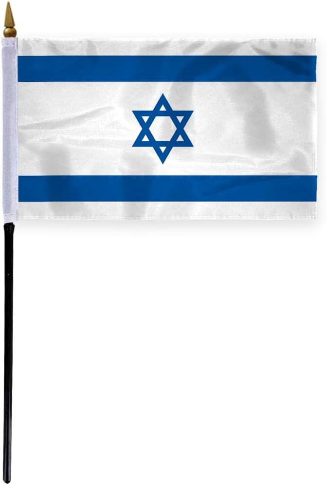 AGAS Flags 24"x36" Inch Israel Stick Flag, Printed on Polyester, Attached to 48" tall x 7/16" dia Natural Wood Pole with a Gold Ball Spear Top.