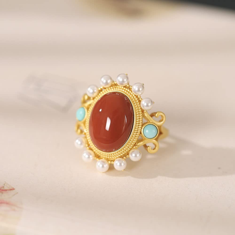 Anello In Argento 925 Da Donna,Anello Regolabile Per Donna Southern Onyx Ovale In Argento Sterling 925 Perle Intarsiate Retrò Placcato Oro Anelli Nocche In Pietra Naturale Matrimonio Gioielli Per L