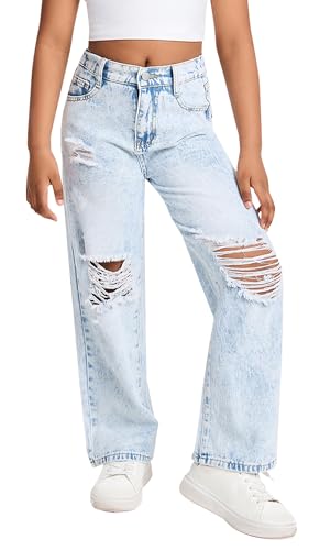 Happy Cherry Girls Ripped Denim Pants Casual High Waist Distressed Baggy Jeans Straight Wide Leg Trousers 5-13Y
