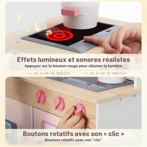 SainSmart Jr. Cuisine de jeu en bois pour enfants – Ensemble de cuisine de qualité supérieure pour tout-petits – Comprend une cuisinière, un réfrigérateur et des accessoires pour filles, rose – vue 3