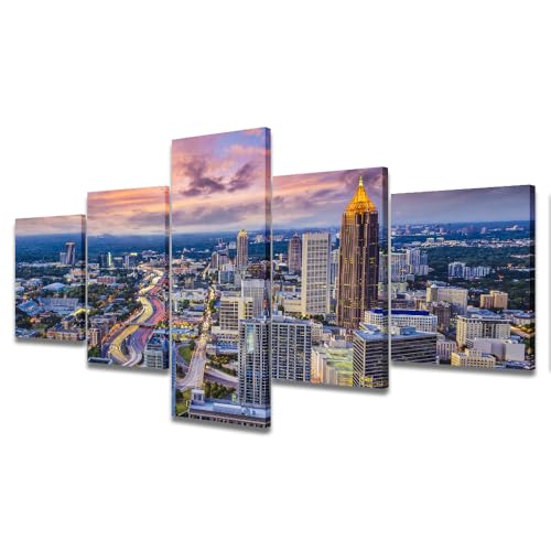 TUMOVO Atlanta Skyline Wall Art Night Cityscape Canvas Picture Bedroom Decor Atlanta Panoramic Cityscape Home Decor Building Home Decoration Painting Modern Office Study Posters (50''Wx 24''H)