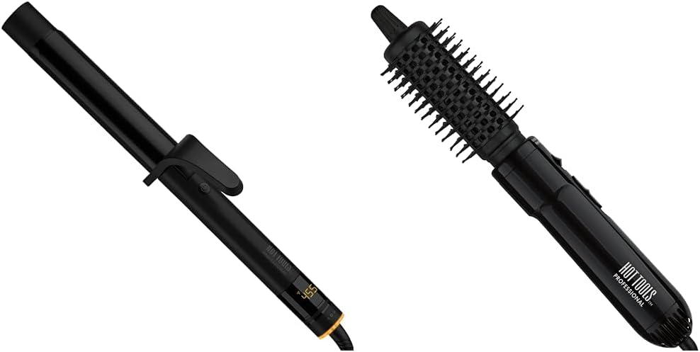 Hot Tools Digital Salon Hair Curling Iron for Loose Curls and Waves (1-1/4 inch) & Hot Air Styling Brush for Styling and Touch Ups (1-1/2 inch)