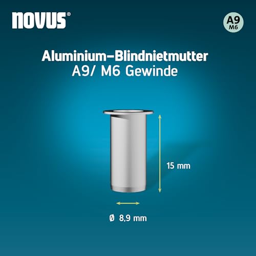NOVUS TOOLS Aluminium-Blindnietmuttern Ø 8,9 mm, M6 Gewinde, 15 mm Länge, 20 Nietmuttern, 0,5-3,0 mm Klemmlänge, ideal für Befestigungen in Nichteisen Metall, Kunststoff und Leichtbaumaterial