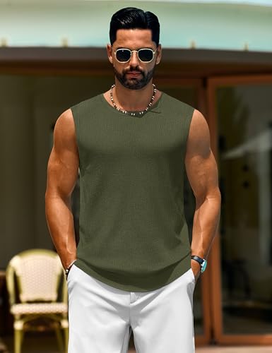 Cotrasen Mens Casual Tank Tops Ribbed Knit Sleeveless Shirt Lightweight Tee Summer Muscle T-Shirts Army Green 2XL — view 3