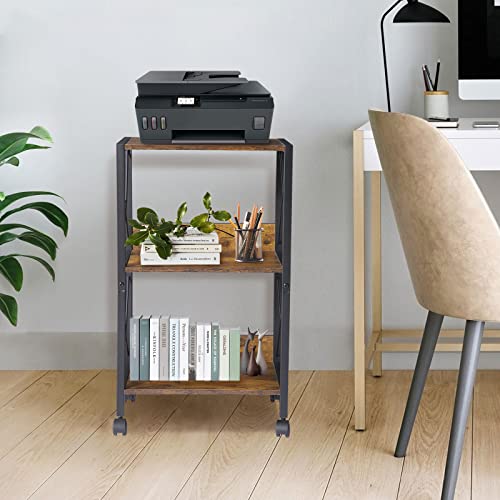 3-Tier Rolling Printer Stand With Wheels - 17'' L X 13'' W X 30'' H Large Mobile Printer Holder, Rustic Brown Home Printer Stands, Metal And Wood Printer Cart With 3 Shelves, Dark Brown #TOP4
