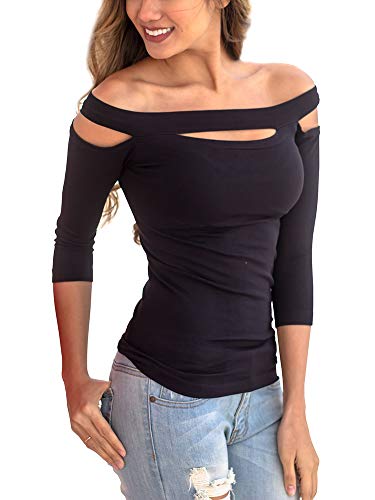 INFITTY Womens Sexy Off The Shoulder Tops Slim Fit Stretchy Basic Cold Shoulder Shirt Blouse Black X-Large