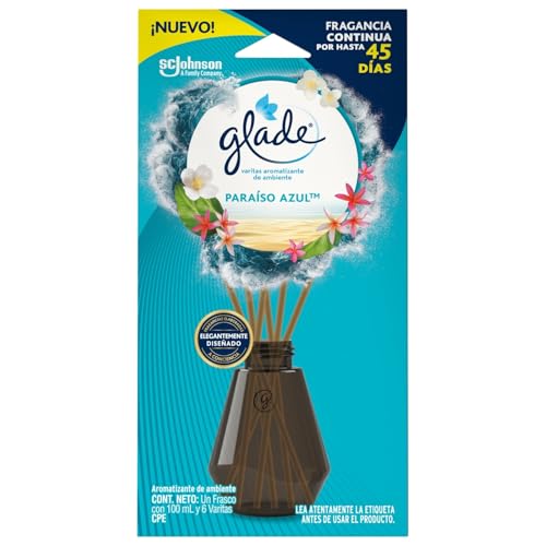 Aromatizantes De Ambiente, Kitchen Glade Difusor de Aromas, Aromatizante para Hogar, Hasta 45 Días, Aroma Paraíso Azul, Frasco con 100 mL, 6 Varitas
