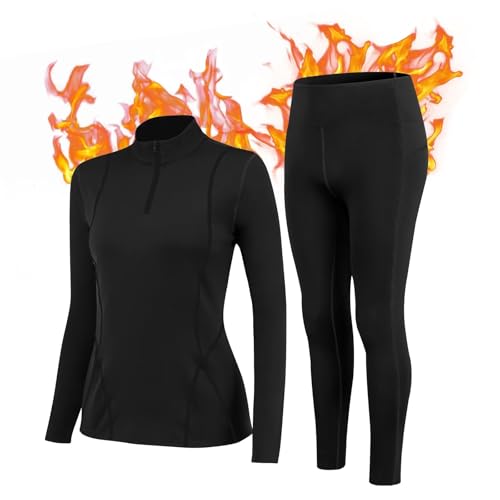 Thermal Ski Base Layers Women Half Zip Warmth Thermal Underwear Set Womens UPF 50+ Quick Dry Thermal Tops and Fleece Lined Leggings for Running Hiking Cycling,Soft Breathable Wicking