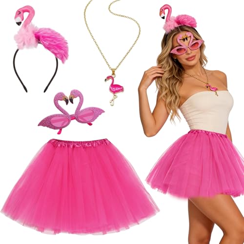 Carreuty 4 Stück Karneval Flamingo Kostüm Set für Erwachsene Flamingo Kostüm Damen mit Haarreif Pinker Tüllrock Brille Accessoire Halskette für Hawaii Kostüm Fasching Halloween Cosplay Weltbuchtag