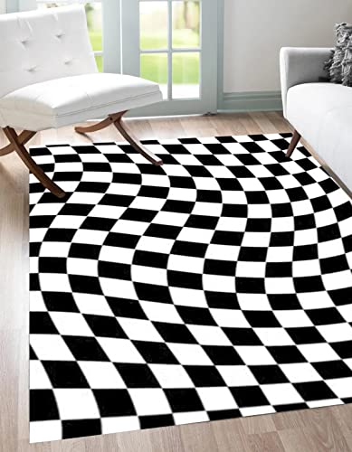 Black And White Contemporary Checker Geometric Area Rug 5X7Ft Living Room Decorative Carpet Retro Swirl Checkered Dining Kitchen Runner Rugs Soft Touch Playroom Floor Decor #TOP1
