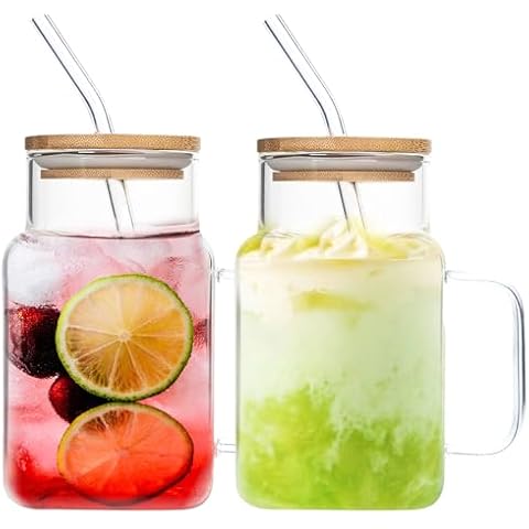 ONEHAUS 20oz Clear Square Glass Cups with Bamboo Lids and Straws, Iced Coffee Mug, Travel Drinking Glasses Tumbler with Handle for Iced Coffee, Smoothie-2 Sets Cover