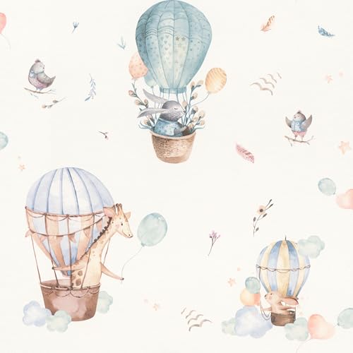 Rasch Kindertapete Heißluftballon Kids World II - Verspielte Vliestapete Wolken in Beige Braun Türkis für ein natürliches Wohnambiente in Kinderzimmer, Spielzimmer und Schlafzimmer - 10,05 m x 0,53 m