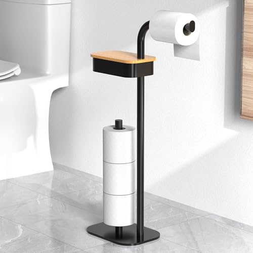 ZUNTO Toilet Roll Holder Free Standing with Top Storage Shelf, Black Toilet Roll Holder Stand, Floor Standing Toilet Paper Holder Toilet Roll Storage for Bathroom