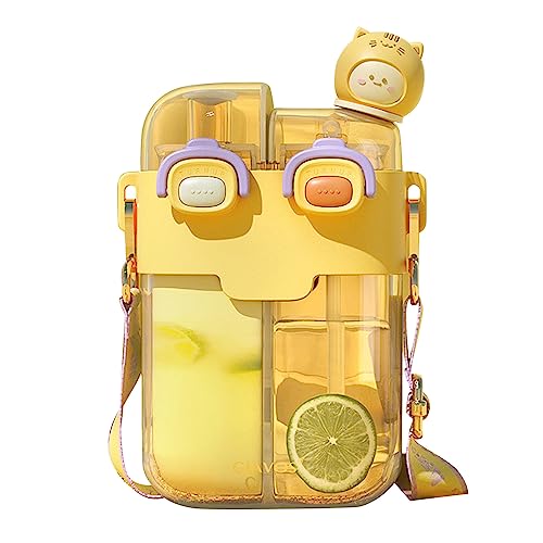 Bouteille d'eau en plastique de grande capacité Double récipient Gourde Impression Dessin animé Gobelet à paille en plastique pour l'intérieur et l'extérieur