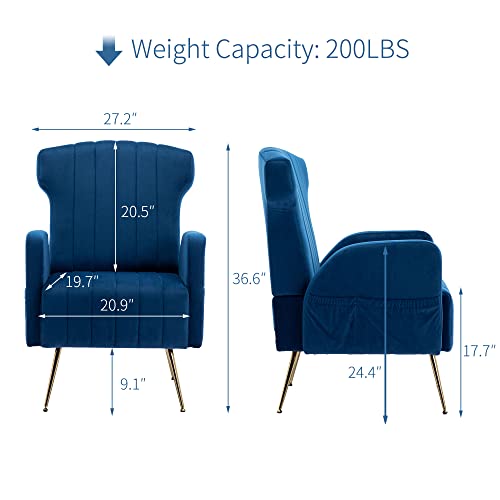 Homefun Wingback Accent Chair Set Of 2,Velvet Upholstered Armchair Single Modern Sofa With Metal Legs For Living Room Bedroom Office Navy #TOP2