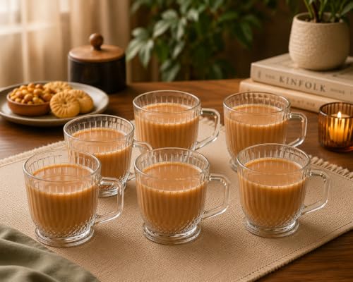 Image of IndusBay Fluted Glass Tea Cups with Handle [Pack of 6] (160ml) - Premium Crystal Clear Coffee Mugs, Vintage Ribbed Chai Glasses |Lead-Free & BPA-Free