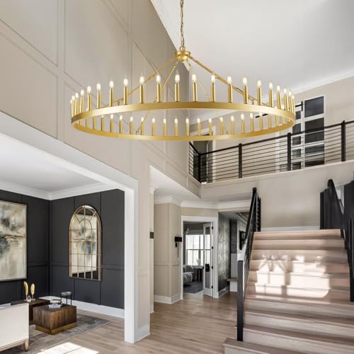 Gold Wagon Wheel Chandelier, 64 Inch Chandeliers with Candle Shade, 48-Light Large Chandelier for High Ceiling Dimmable, Farmhouse Chandeliers for Living Room, Entryway, Stair(Bulbs Included) by VARTTYAL - Image 9