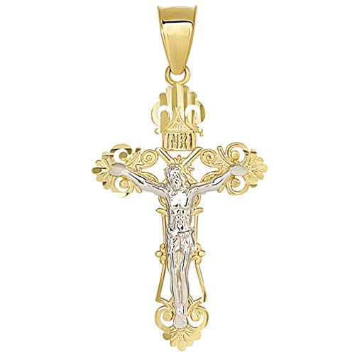 Solid 14K Two-Tone Gold Roman Catholic Cross Charm With Jesus Inri Crucifix Pendant Necklace, 22" #TOP1