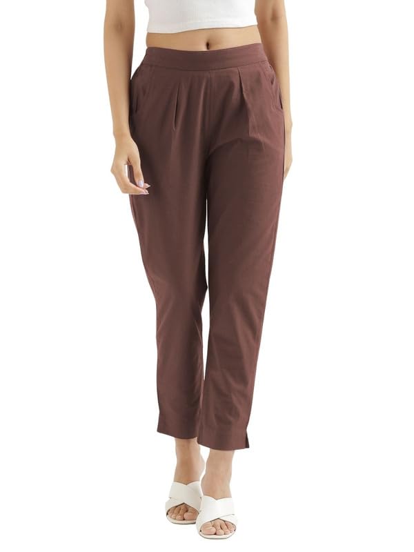 Image of SAADAA Women Cotton Pant Regular Slim Fit Mid Rise Trouser, Pocket Pants for Office School Formal Casual Daily Use