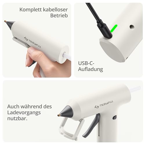 Tilswall Kabellose Heißklebepistole Akku (2000mAh) mit 20 Premium-Klebesticks – Ideal für Heimwerkerarbeiten & Reparaturen, Weiß