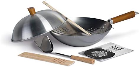 Ken Hom KH331103 Carbon Steel Seasoning Wok Set | 31 cm | Classic | Non-Induction/Natural Patina Non-Stick/Wooden Handle | Includes Wok With Lid, Wok Utensils & Recipe Book | Not Dishwasher Safe
