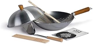 Ken Hom KH331103 zestaw patelni typu wok ze stali węglowej, 31 cm, klasyczny, wok z pokrywką, książka kucharska, kratka i akcesoria, nie nadaje się do mycia w zmywarce