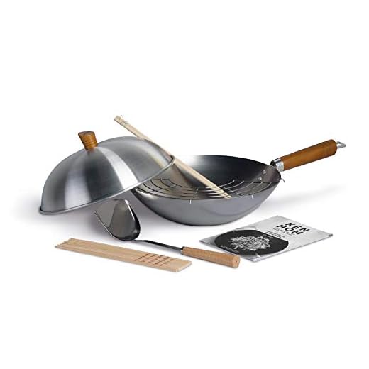 Ken Hom Set Wok 10 Pezzi Tradizionale Acciaio al Carbonio, 31cm, Classic, Padella Non a Induzione, Con Manico in Legno, Base Piatta, Non Lavabile in Lavastoviglie