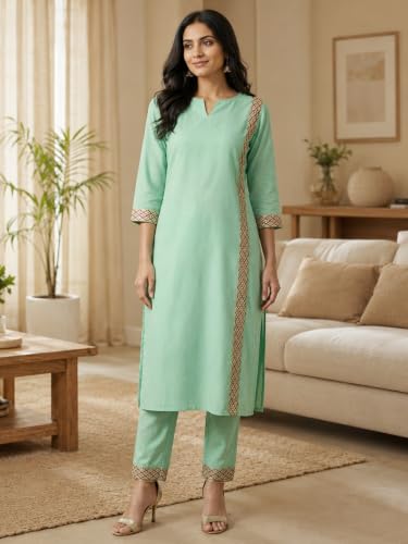Image of Yash Gallery Women's Cotton Embroidered Straight Kurta & Pant Ethnic Wear