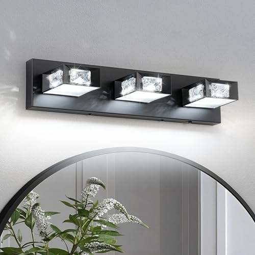 Joossnwell Modern Crystal Vanity Light 3-Light, 5CCT Selectable LED Bathroom Light Fixtures Over Mirror, Dimmable Matte Black Bath Wall Sconce with 350° Rotatable Head, Acrylic Diffuser, 20.5 Inch by Joossnwell - Used condition - US$34.55
