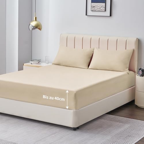 Aisbo Spannbettlaken 160x200cm Bettlaken Boxspringbett - Bett Laken Khaki 160x200 aus Premium Mikrofaser, weiches Spannbetttuch 160 x 200 Steghöhe 40cm für Wasserbett Bed Fitted Sh