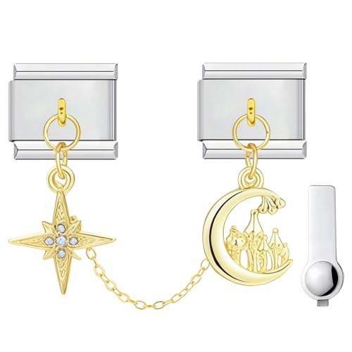 Image of ZEKW Personalized Double Charm – 9mm Stainless Steel Italian Link Bracelet Accessory with Installation Tool (Four-Pointed Star & Castle)