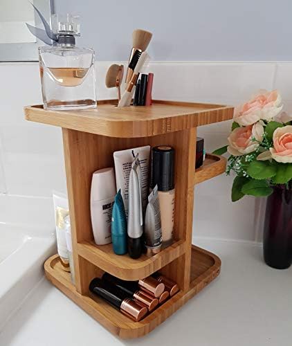 Vorsure Eco-friendly Natural Bamboo Wooden Rotating 360° Make Up Cosmetic Carousel Organiser Storage Shelves - Dressing Table, Bathroom, Salon - Versatile, Large Capacity, Sustainable, Multiple Use