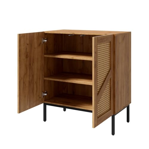 Credenza 70 cm Legno e Rattan PE, 2 porte, Ripiani regolabili