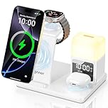 Augnner 6 in 1 Wireless Charging Station for iPhone with Alarm Clock & 3-Color Light, 15W Fast Charger for iPhone 17/16/15/14/13/12 Series, Compatible with Apple Watch1-10Airpods 4/3/2/Pro. (White2)