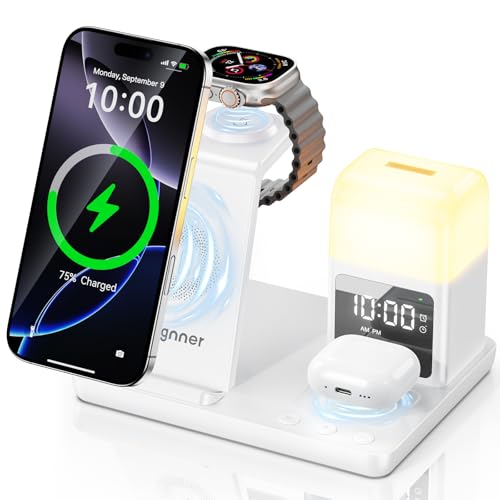 Caricatore Wireless Con lampada notturna e sveglia,6 In 1 Caricabatterie Wireless Induttiva Compatibile Con iPhone 16 15 14 13 12 11 XS/XR/X/8/8 Plus, Apple Watch, AirPods 4/3/2/Pro