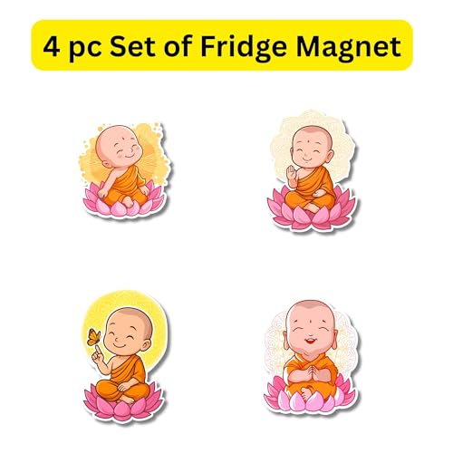 Image of Regalo Casila Baby Monk Fridge Magnet Set of 4 Kids Room Kitchen Home Decoration Cute Peaceful Spiritual mini Monk Stickers on Lotus Spiritual Gifts for Adults Children Return Gifts Meditation Lovers