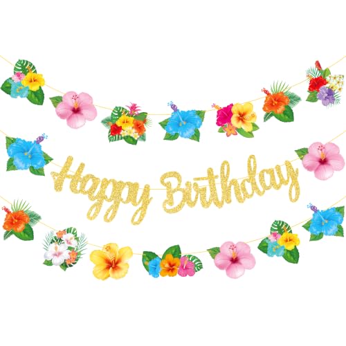 3Pcs Tropical Hibiscus Flower Banners with Gold Glitter Happy Birthday Banner, Colorful Hawaiian Flower Palm Leaf Garland for Luau Aloha Summer Beach Pool Tropical Birthday Party Supplies by C L cooper life - Used condition - US$9.26