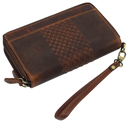 RFID Blocking Wallets for Women Vintage Leather Double Zipper Clutch Checkbook Ladies Wallet (Brown RHU)4