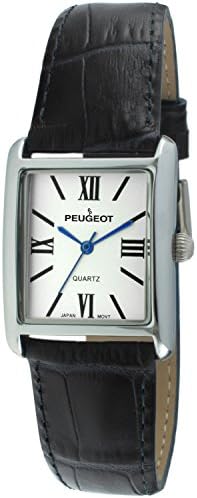 Peugeot Women's Silver-Tone Tank Shape Leather Dress Watch with Roman Numerals, Black