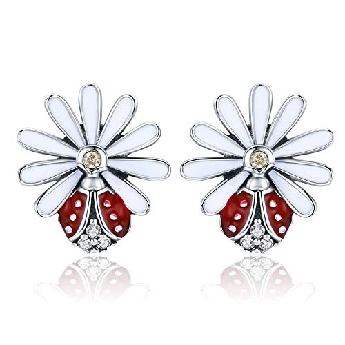 Boucles d'oreilles marguerite argent 925 femme coccinelle rouge bijou tendance