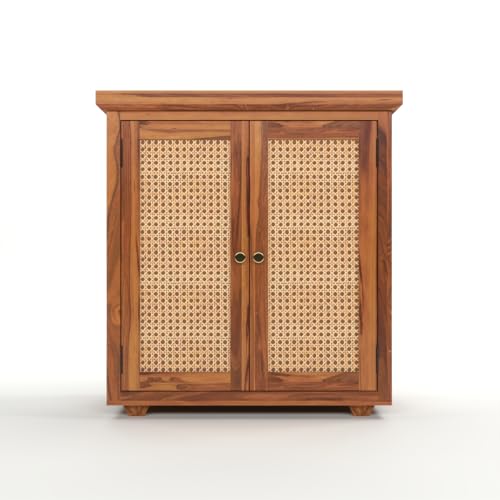 Image of Solid Sheesham Wood Sideboard Cabinet for Living Room | Wooden Storage Cabinet with 2 Cane Doors & Shelf | Modern Rattan Design Sideboard for Home (Honey Finish)