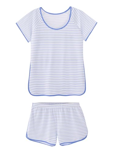 Image of Hilinker Women Striped Pajama Set Short Sleeve Top with Shorts Sleepwear Pjs 2 Piece Lounge Sets