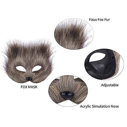 Haoan Furry Fox Mask Wolf Fox Tail And Paw Gloves Set Adult Cat Halloween Mask Cosplay Animal Party Costume (Gray) #TOP2