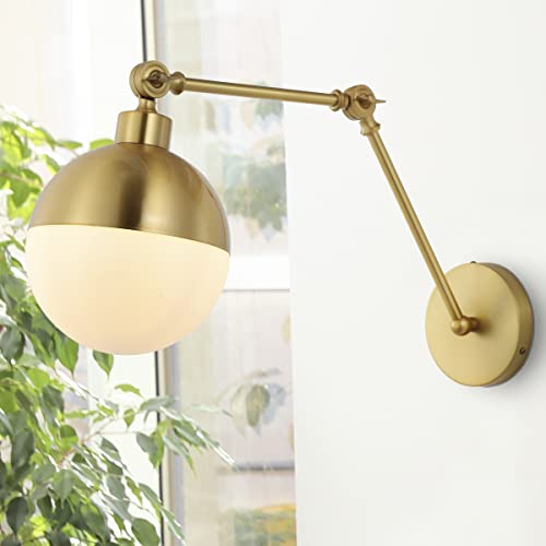 Image of JONATHAN Y 12.5 inch Brass Gold 1-Light Iron and Glass Arm-Adjustable LED Sconce, Mid-Century Modern Art Deco Wall Lamp for Bedroom Living Room, LED Bulb Included JYL9931A